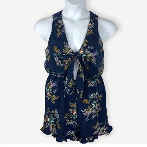 Blue Rain Navy Floral Tie Front Keyhole Romper